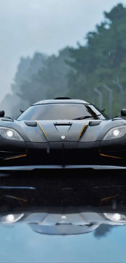 Sleek black sports car on rainy road, front view.