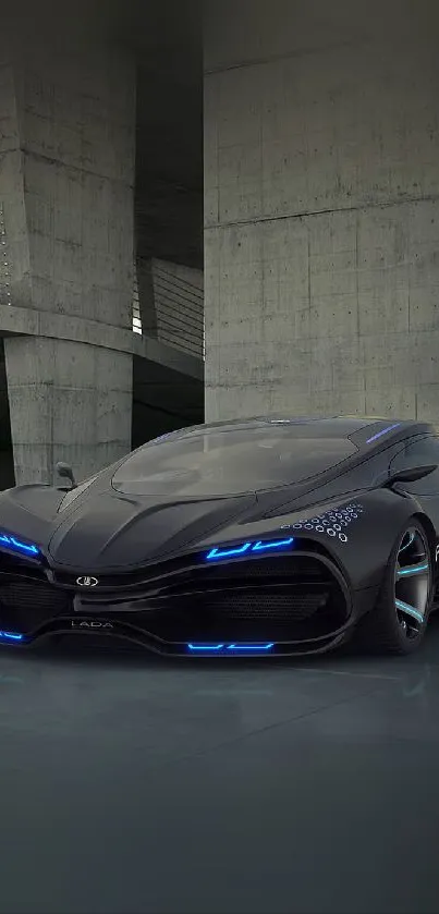 Sleek black sports car with blue lights.