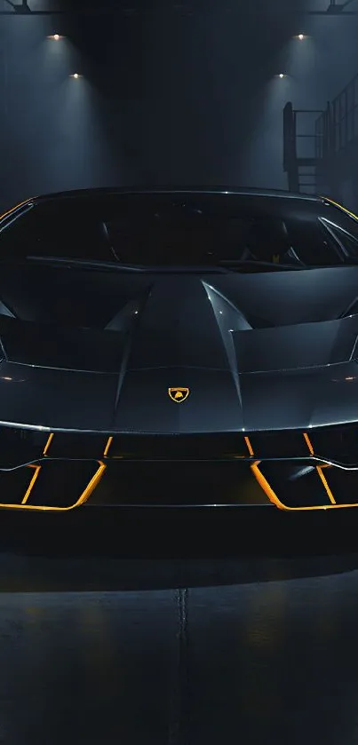 Sleek black sports car in dim lighting, centered on screen.