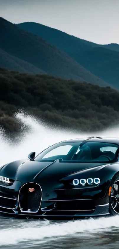 Sleek black sports car speeding on water with a mountain backdrop.