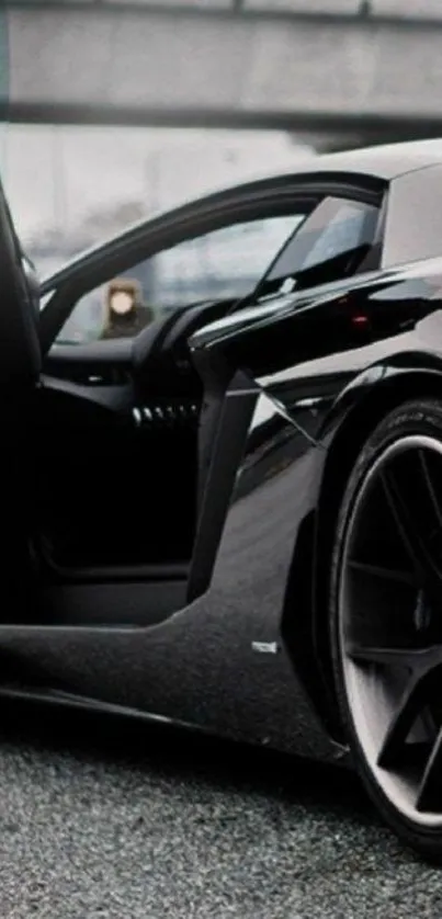 Sleek black sports car with open doors on an asphalt road.