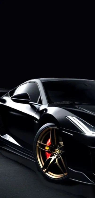 Elegant black sports car with golden rims on a dark background.