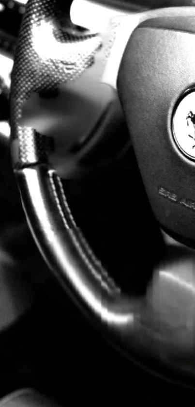 Black steering wheel in luxury car interior wallpaper.