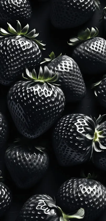 Close-up of glossy black strawberries on a wallpaper background.