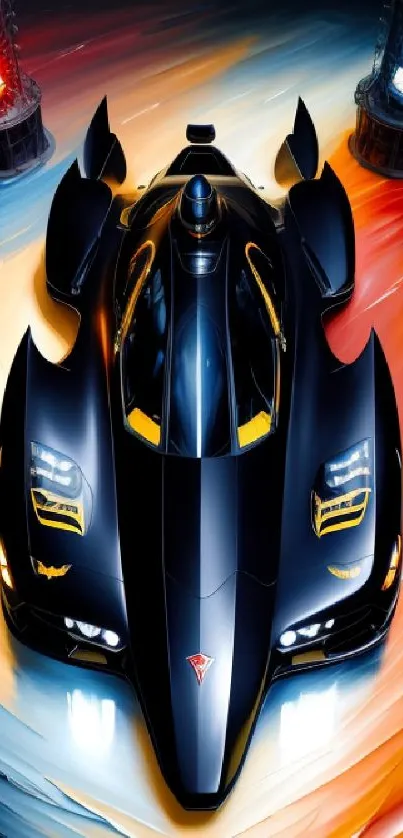 Futuristic black supercar illustration with dynamic colors.