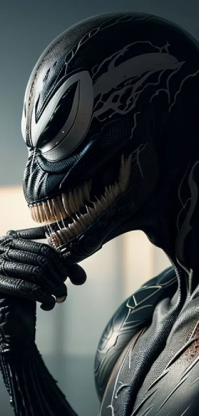 Sleek superhero in black suit mobile wallpaper.