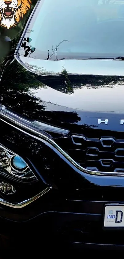 Sleek black SUV with lion theme background.