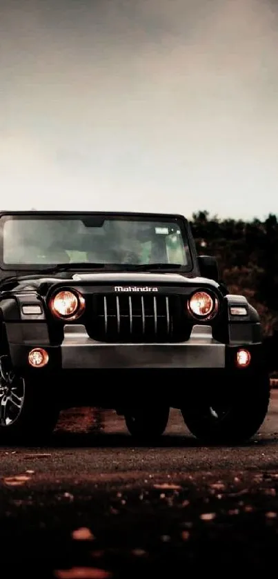 Black SUV parked under a cloudy sky.