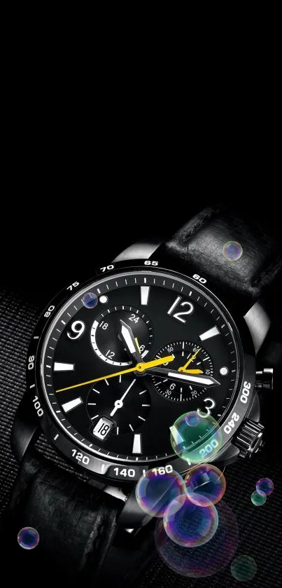 Sleek black watch with leather strap on dark background.