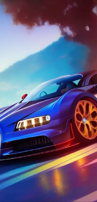 Sleek blue sports car on a vibrant road with sunset background.