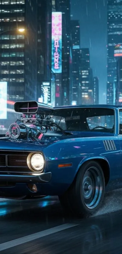 Blue muscle car racing through a neon-lit city at night.