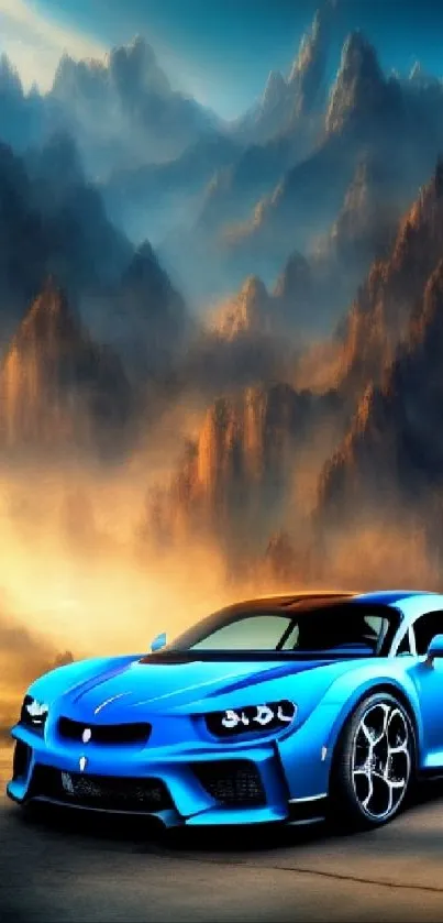 Sleek blue car with fantasy mountain background