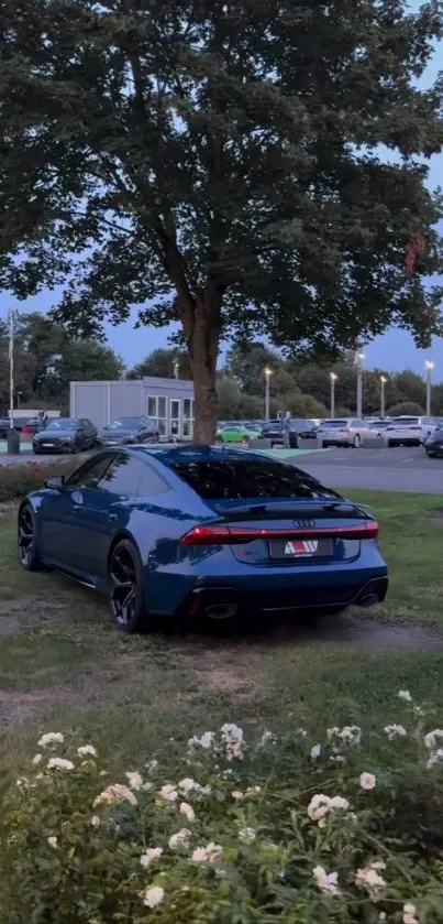 Blue sports car parked under a tree in an outdoor setting at dusk.