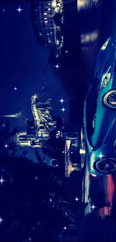 Blue sports car under a starry city night sky wallpaper.