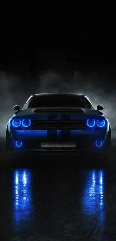 Front view of a blue neon car on a dark background smartphone wallpaper.