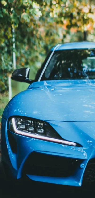 Blue modern car parked beside the road in lush scenery background.