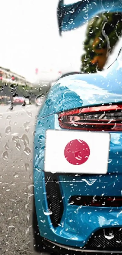 Sleek blue sports car on rainy street with vibrant urban background.