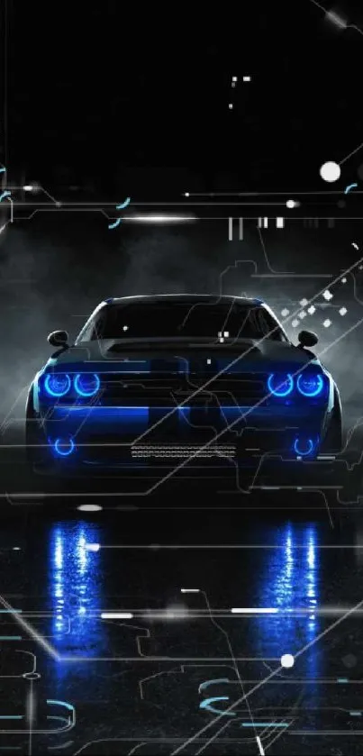 Sleek sports car with blue lights on dark background.