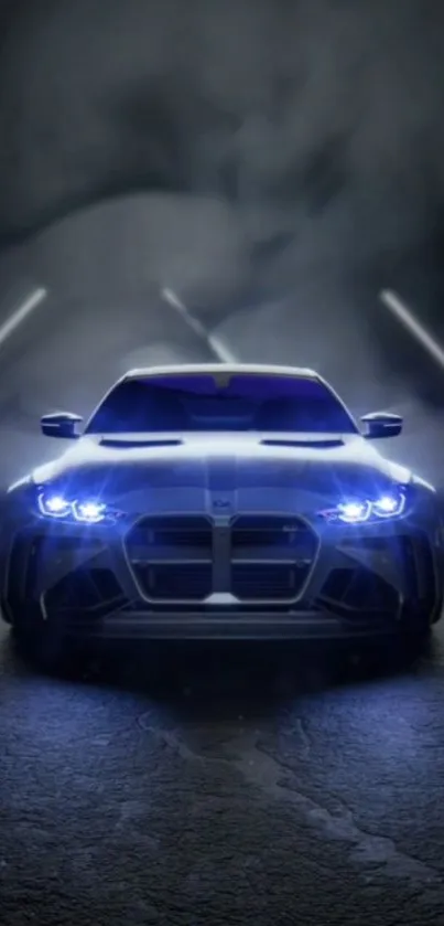 Sleek blue car with glowing headlights.