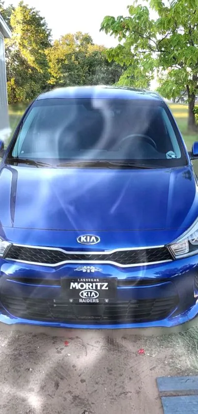 Vibrant blue Kia car parked outdoors with trees in the background.