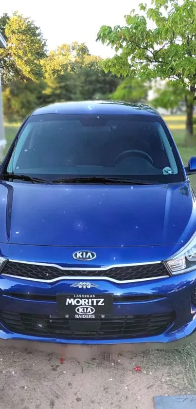 Front view of a sleek blue car parked outdoors.