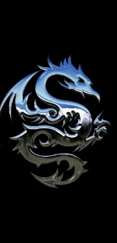 Intricate blue dragon design on black background, mobile wallpaper.