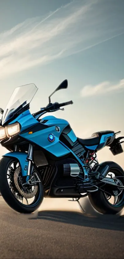 Blue motorcycle on an open road under a cloudy sky, showcasing speed and elegance.