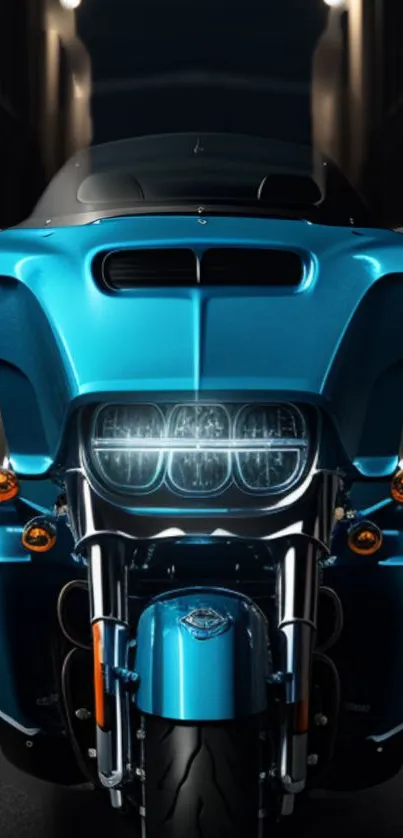 Sleek blue motorcycle under urban streetlights on a mobile wallpaper.