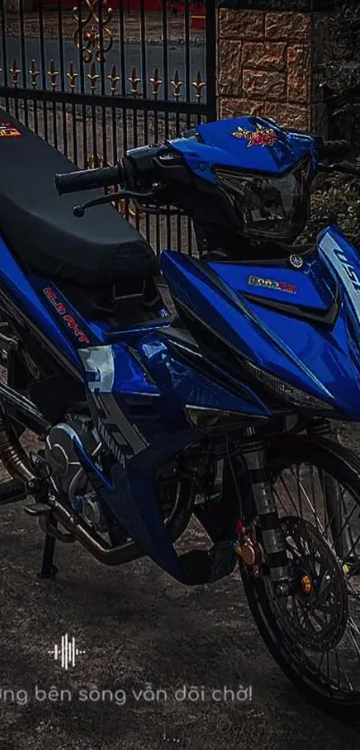 Dynamic blue motorcycle parked, showcasing sleek design.