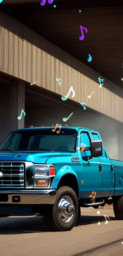 Sleek blue pickup truck parked under a bridge.