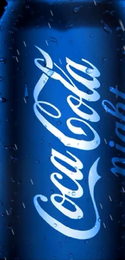 Blue soda can with droplets on a dark background.