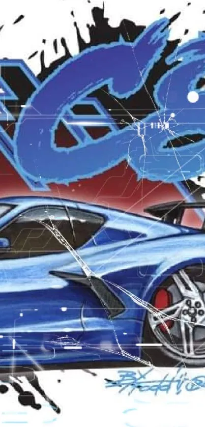 Blue sports car with urban graffiti background in art style.