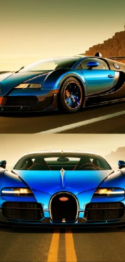 Blue sports car on desert road, sleek design.