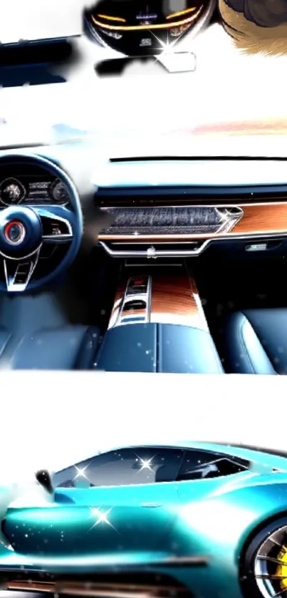 Elegant blue sports car interior with sleek dashboard design.