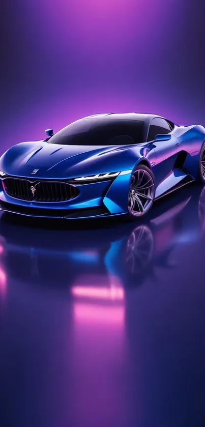 Sleek blue sports car with reflective purple hues on a modern backdrop.