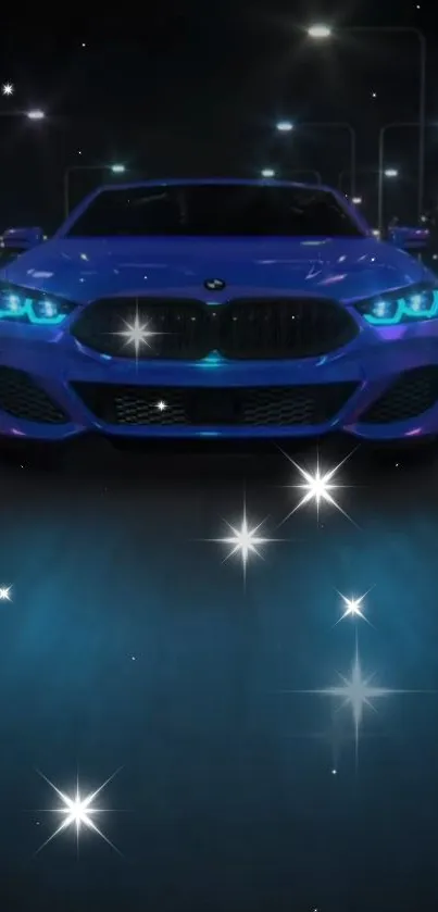 Sleek blue sports car at night with glowing stars.