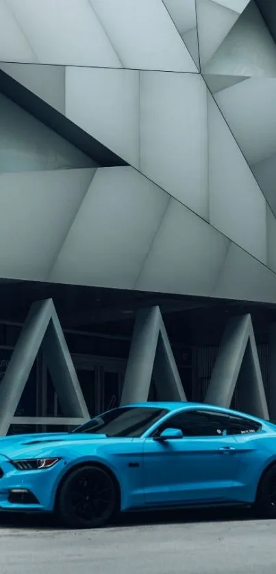 Blue sports car under modern architectural structure.