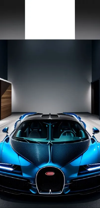 Sleek blue sports car in a modern setting.
