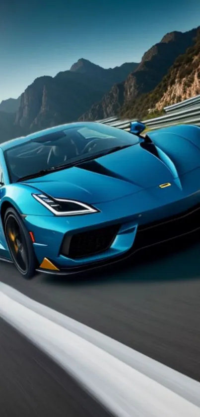 Sleek blue sports car racing on a mountain track