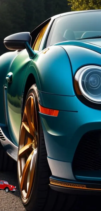 Close-up of a sleek blue sports car with golden rims on the road.