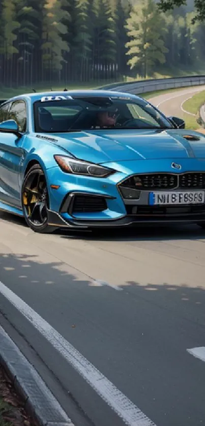 Blue sports car speeding on a scenic forest road, high-quality wallpaper.