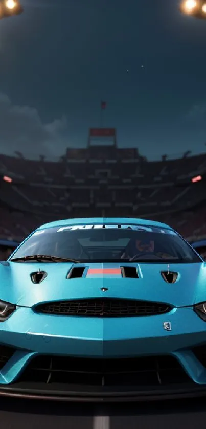 Sleek blue sports car in a stadium setting, with bright lights.