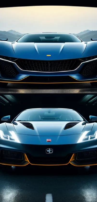Sleek blue sports car on road against scenic background.