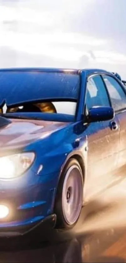 Blue sports car driving fast on a wet road.