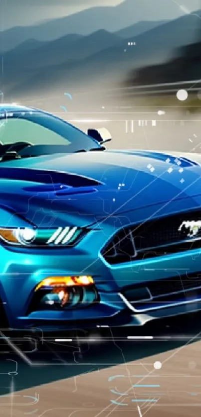 Vibrant blue sports car zooming on a scenic mountain highway.