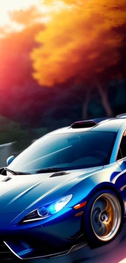 Sleek blue sports car on vibrant scenic background, perfect for mobile wallpaper.
