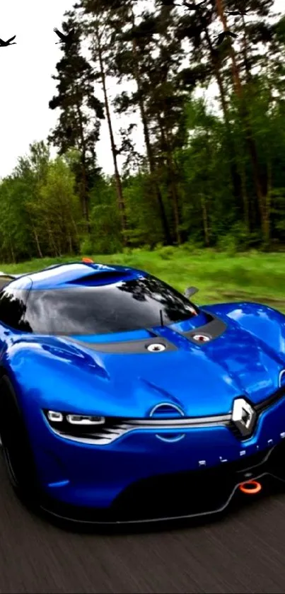 Dynamic blue sports car racing on a forest road.