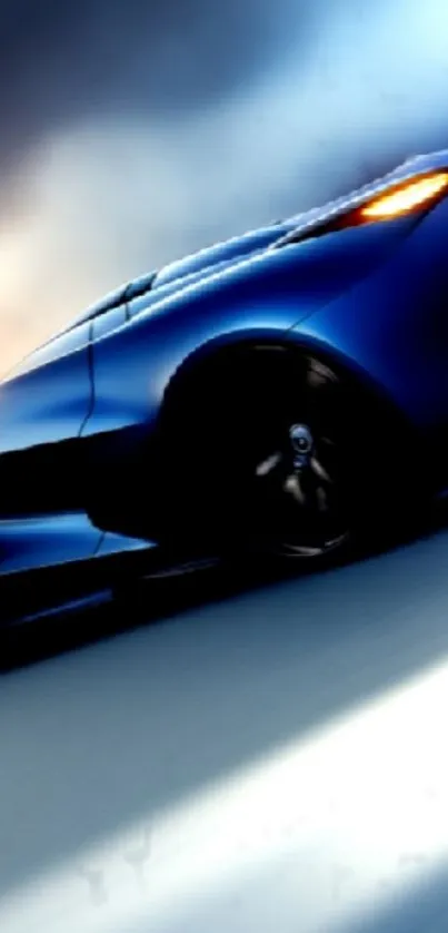 Dynamic blue sports car racing at high speed.