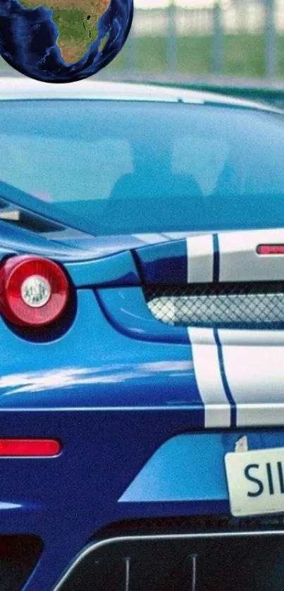 Sleek blue sports car with vibrant stripes and a modern design.