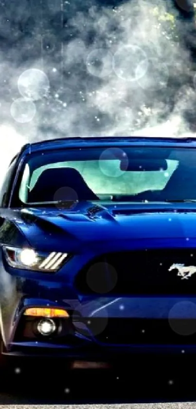 Blue Mustang sports car on a road with smoke trails.